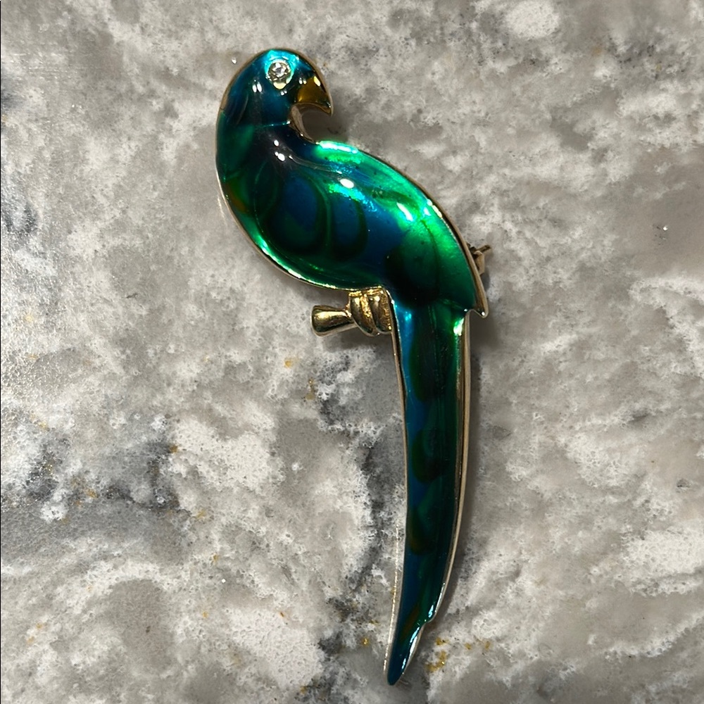 Vintage enameled Iridescent Green and Blue Bird Brooch
